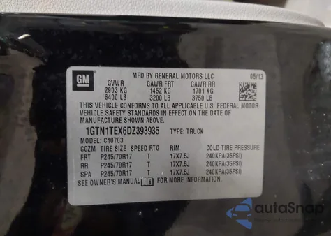 2013 GMC Sierra 1500 Work Truck z USA, uszkodzony, nr VIN 1GTN1TEX6DZ393935
